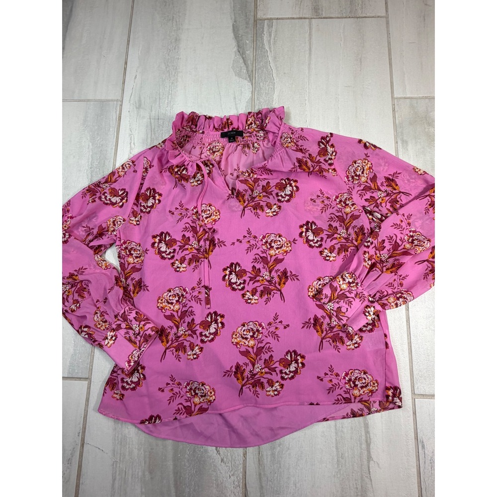 J.Crew Pink Floral Ruffle Neck Smocked Cuff Blouse Size M Long Sleeve Chiffon
